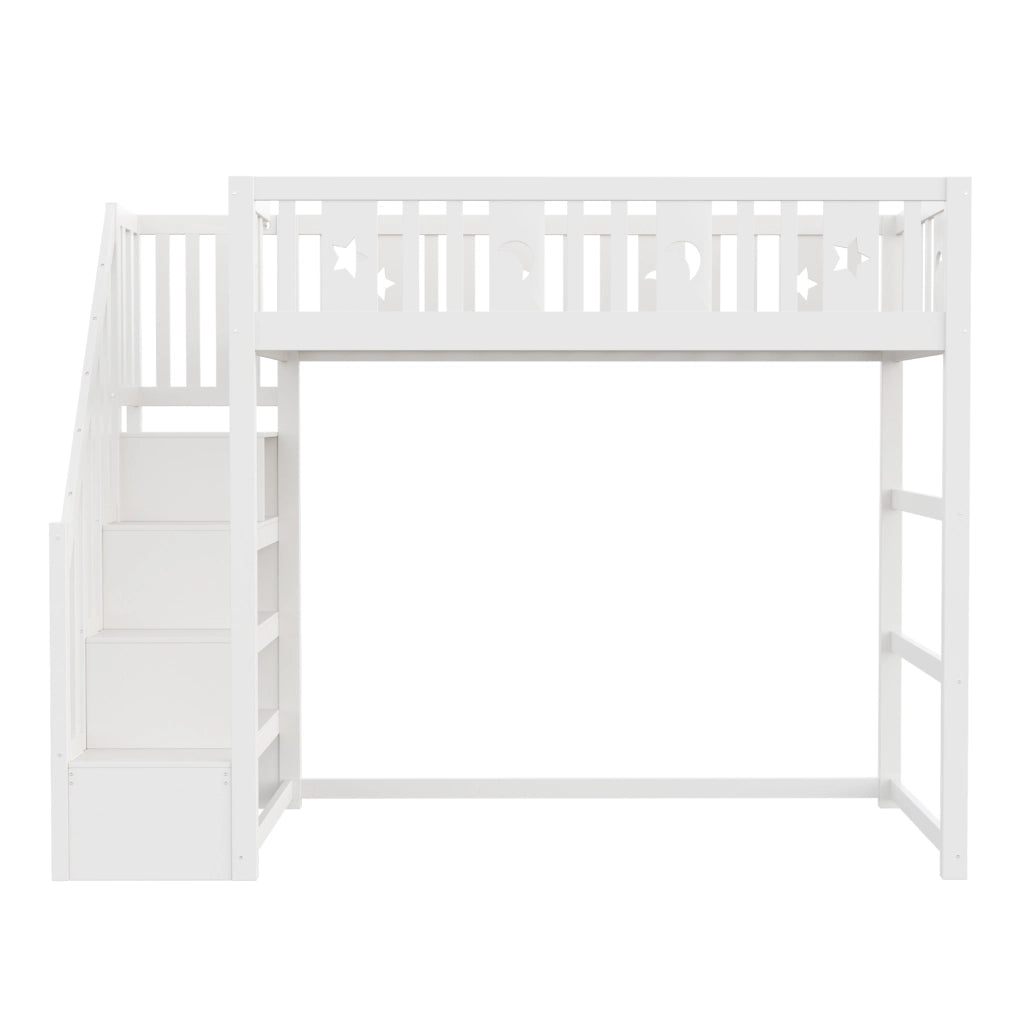 Letto a soppalco per bambini 90x200 cm con scala e scaffali; in legno bianco