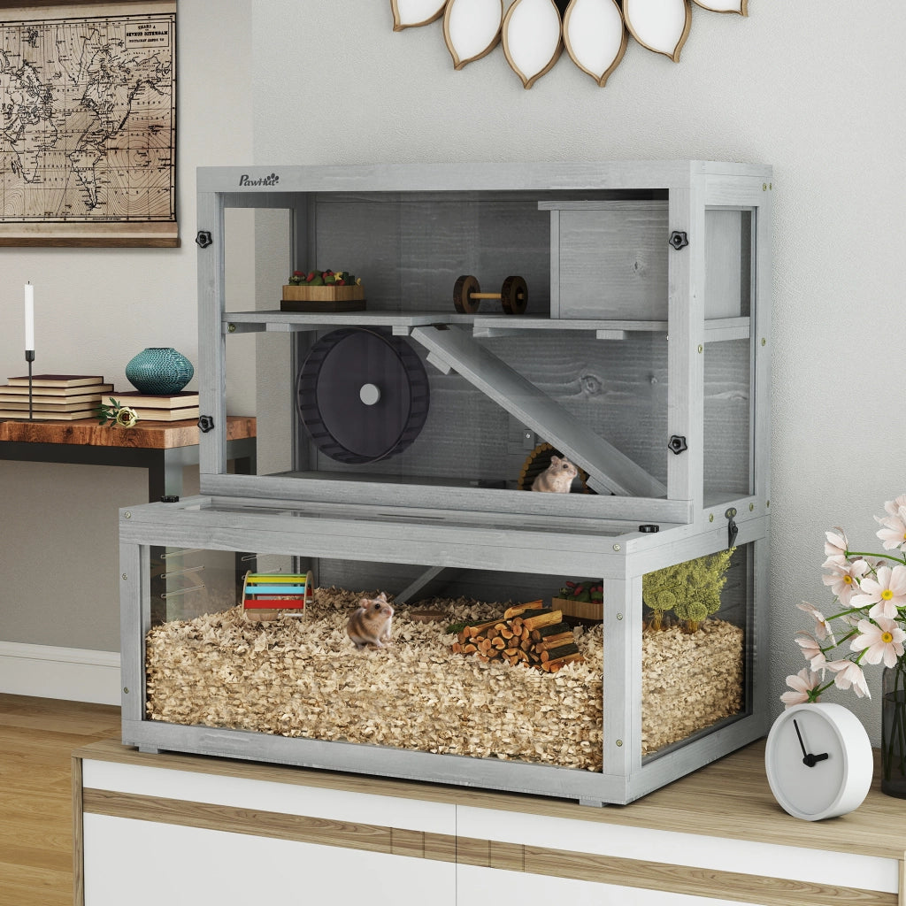 Gabbia per Criceti in Legno con Cabina, Ruota e Rampie ¨C Minimal ¨C Grigio 80x50x84cm