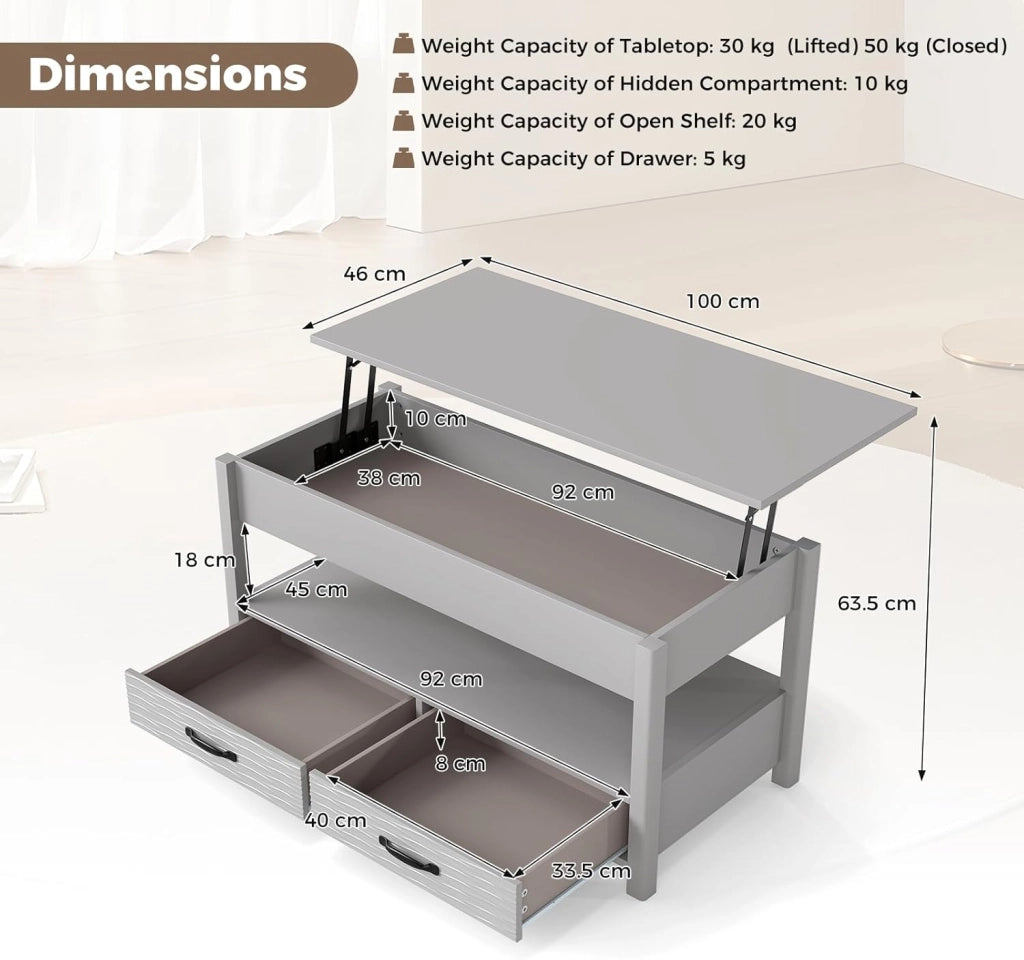 Tavolino da salotto con piano sollevabile, tavolo da salotto con 2 cassetti, ripiano aperto e vano nascosto, cassetti con motivo ondulato, 100 x 46 x 50 cm, per ufficio, camera da letto