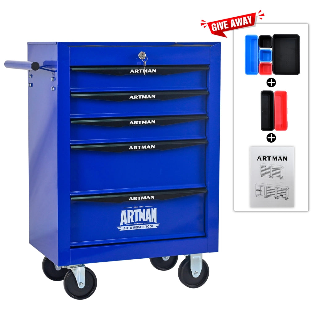 Carrello Portautensili in Acciaio con 5 Cassetti e Ruote, 60x33x77,5 cm, Nero e Blu