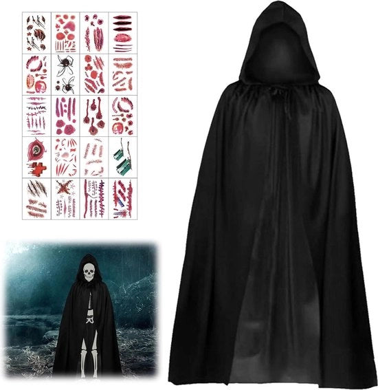 Costume da vampiro da 90 cm con cappuccio - set di costumi da Halloween con 20 tatuiaggi da Halloween - decorazione da festa