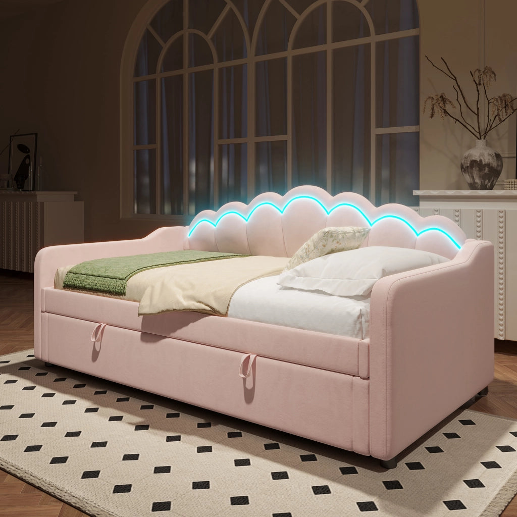 LETTO Singolo 90x200 cm in Velluto Rosa con LED e vano contenitore