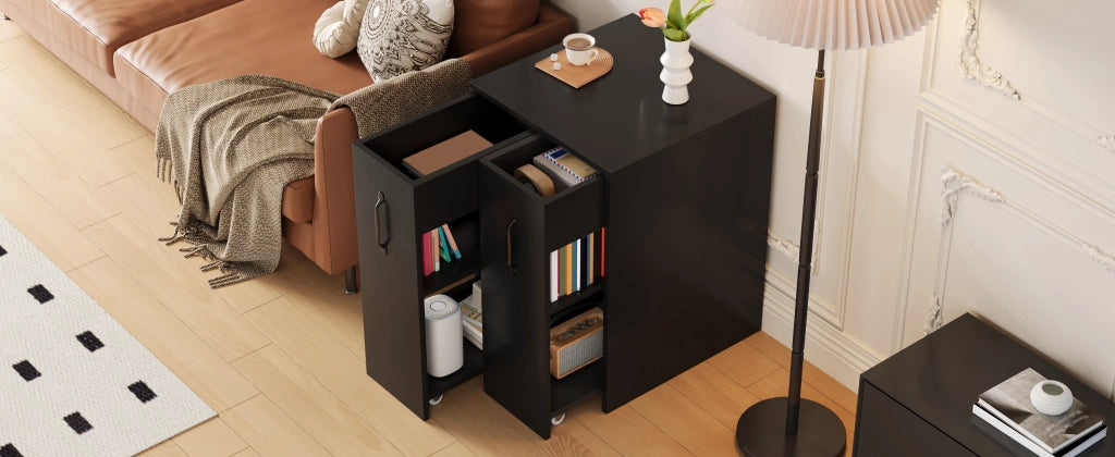 Libreria mobile con 2 cassetti estraibili, 3 ripiani e ruote, per ufficio e soggiorno, in truciolare nero, 52 × 50 × 75 cm