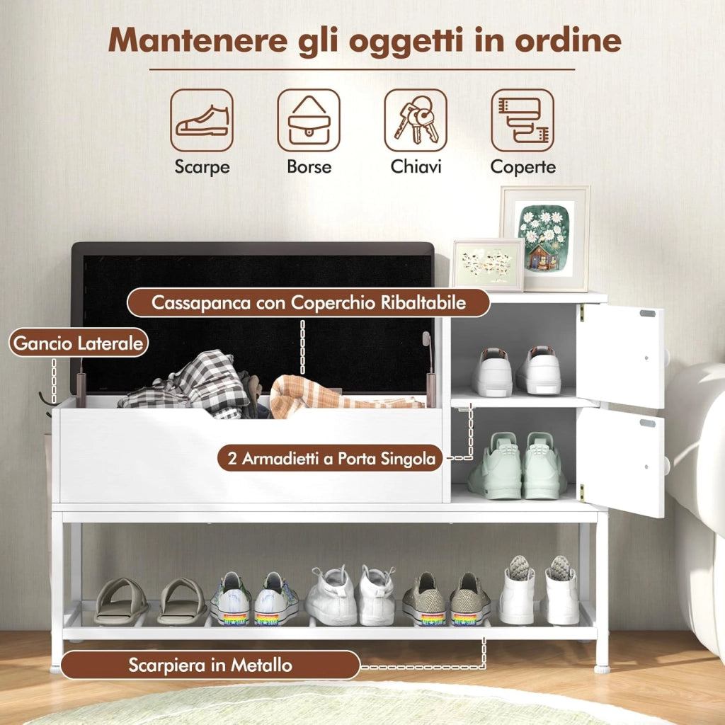 Panchina da Ingresso, Panca Porta Scarpe con Vano a Ribalta e 2 Armadietti, con Seduta Scarpiera Laterale e Calzascarpe Estraibile, per Corridoio Soggiorno