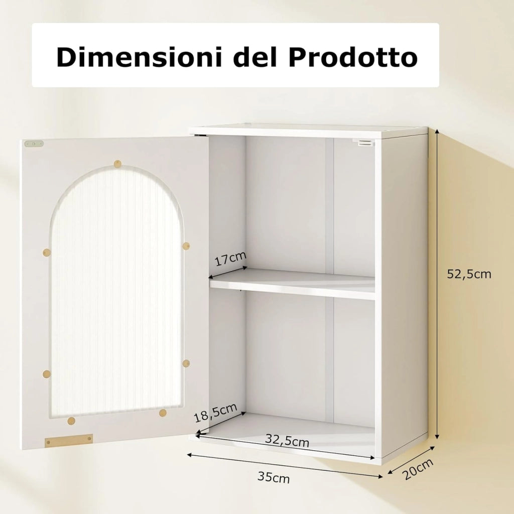 Armadietto da Parete 35 x 20 x 52,5 cm, Mobiletto Salvaspazio con Porta in Vetro Temperato e Ripiano Regolabile, Mobile Cucina per Lavanderia, Soggiorno e Bagno