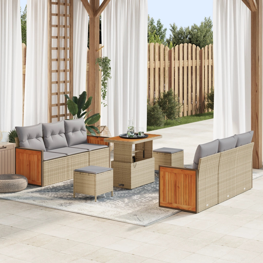 Set di Divani da Giardino  da 9 Pezzi con Cuscini in Rattan Beige e Acacia