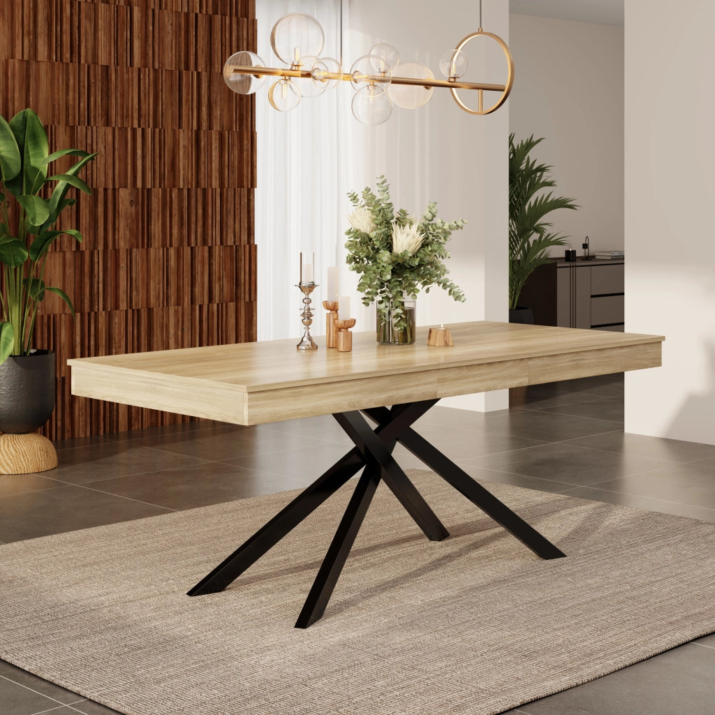 Tavolo da pranzo allungabile 140-180 cm, 6-8 posti, struttura stabile, piano spesso 93 mm, colore Rovere