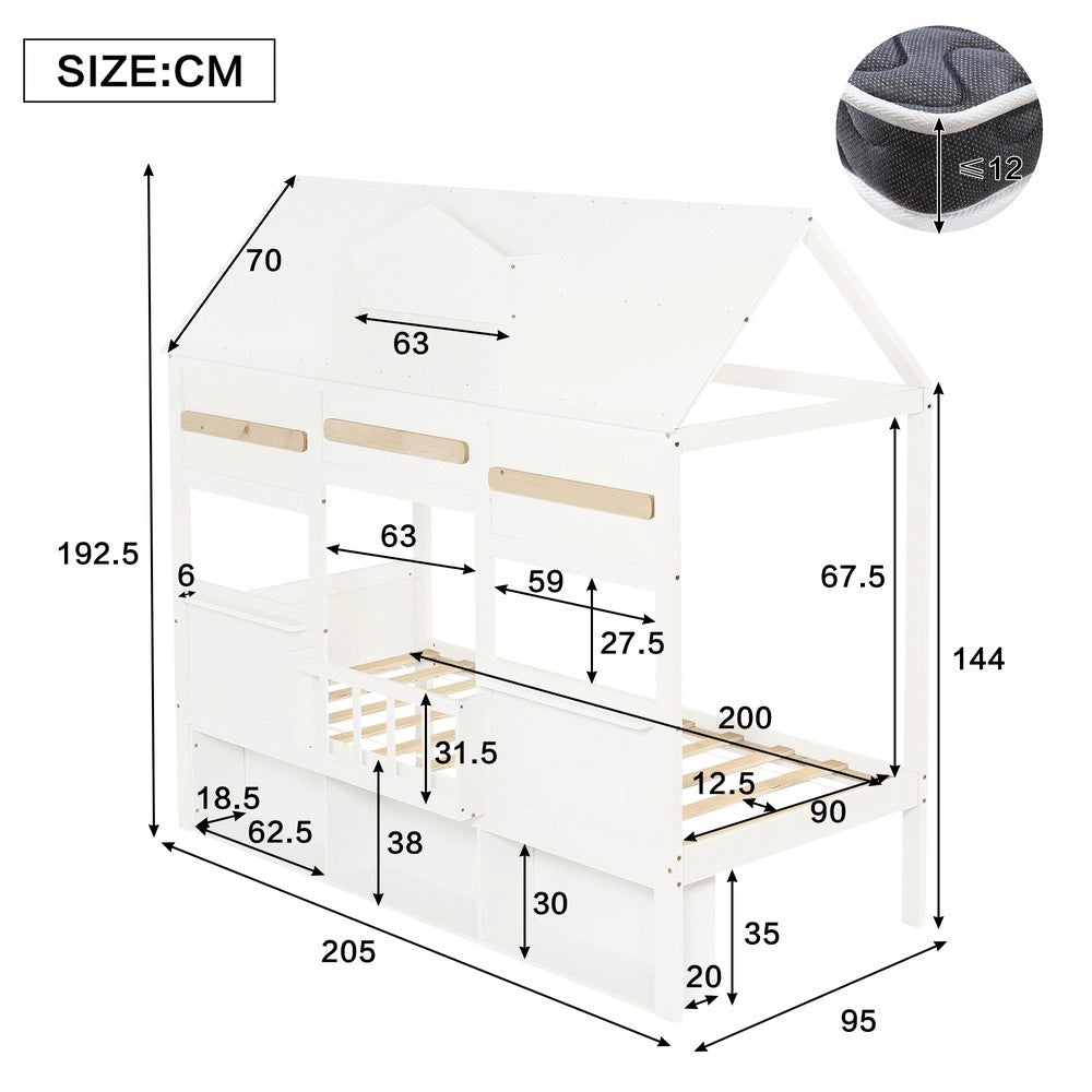 Letto a Soppalco per Bambini a Forma di Casa con Libreria ¨C Xylo ¨C Pino, Bianco, 90x200