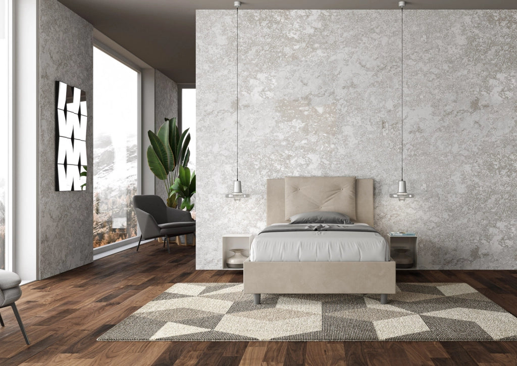 BS COM Letto una piazza e mezza con rete imbottito 110x190 microfibra sabbia