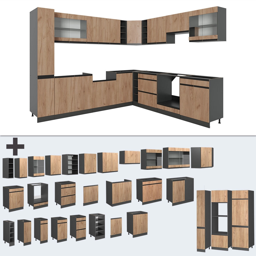 Cucina angolare completa R-Line Rovere dorato/Antracite 277 x 257 cm Forma a J, senza piano di lavoro Vicco