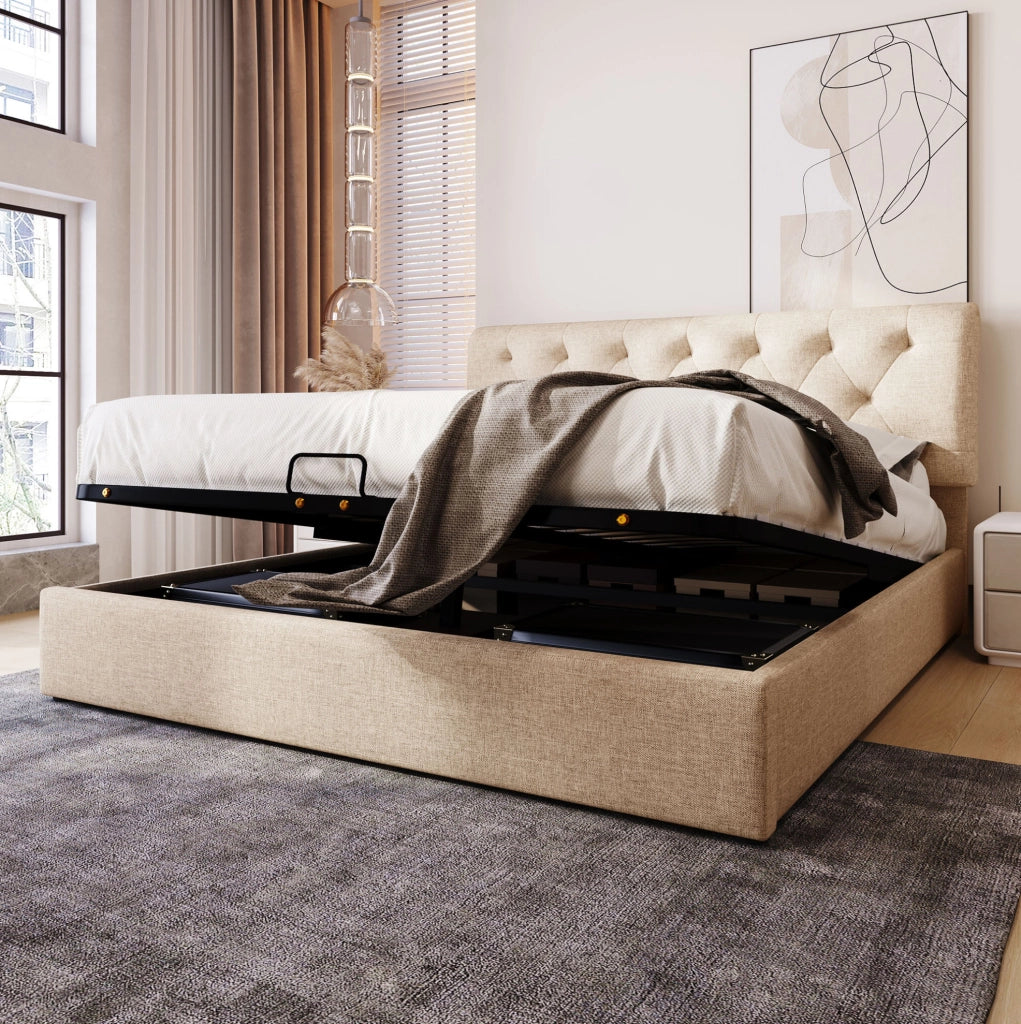 Letto matrimoniale imbottito 140x200 cm con testiera regolabile; contenitore idraulico; lino naturale