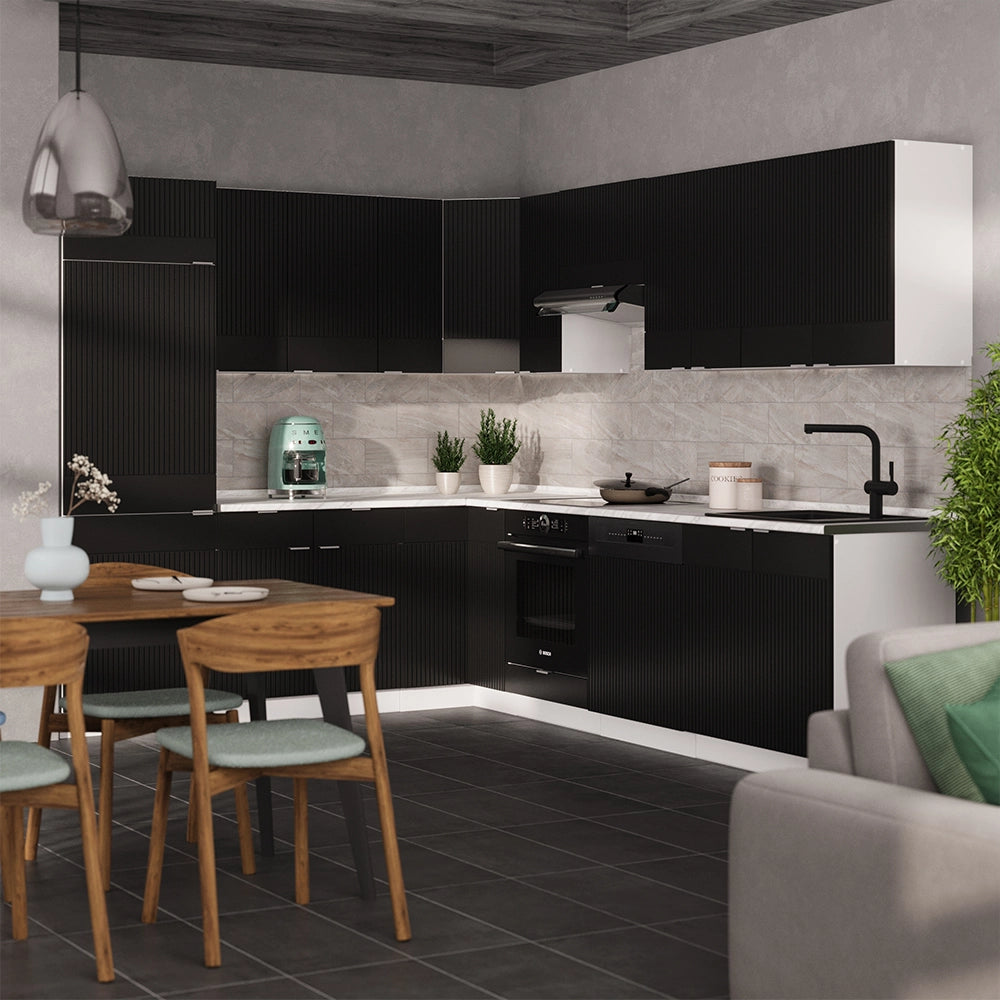 Vicco Cucina angolare completa Nero a righe/bianco 227 x 60 cm senza piano di lavoro