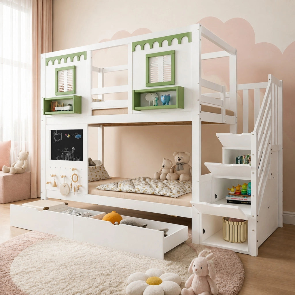 Letto a castello per bambini 90x200 cm con scala contenitore, 2 cassetti, lavagna e pannello forato, bianco+verde