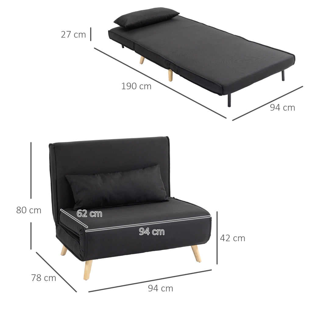 Divano letto 2 in 1 con schienale regolabile a 6 posizioni, cuscino e gambe di supporto, in tessuto effetto lino nero