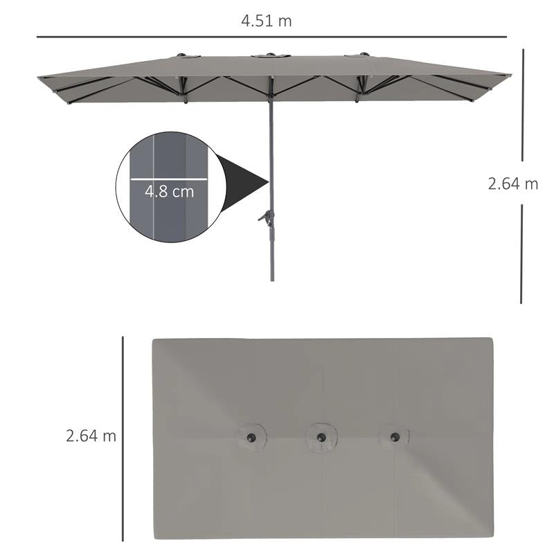 OMBRELLONE DOPPIO DA GIARDINO 4.5X2.6 M APERTURA A MANOVELLA E 12 STECCHE GRIGIO