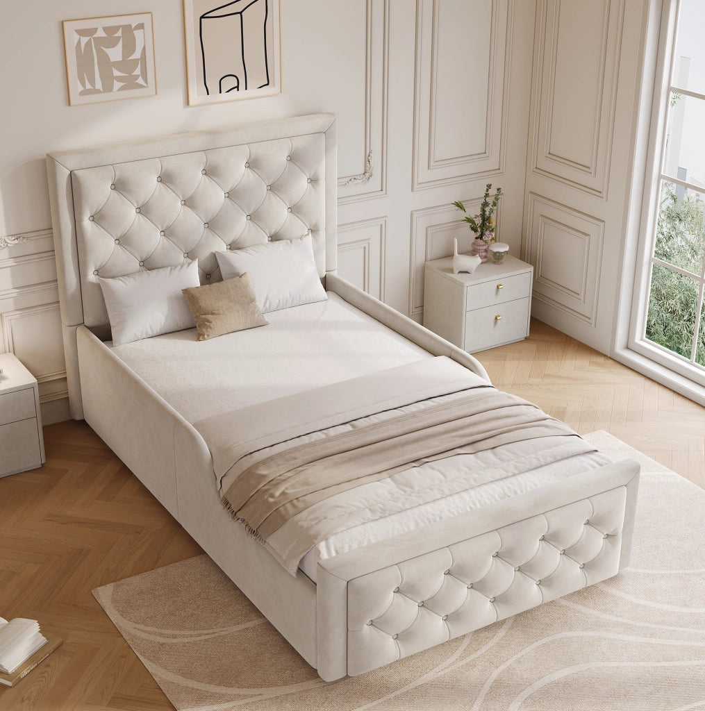 Letto singolo per bambini 90x200 cm con contenitore; velluto beige
