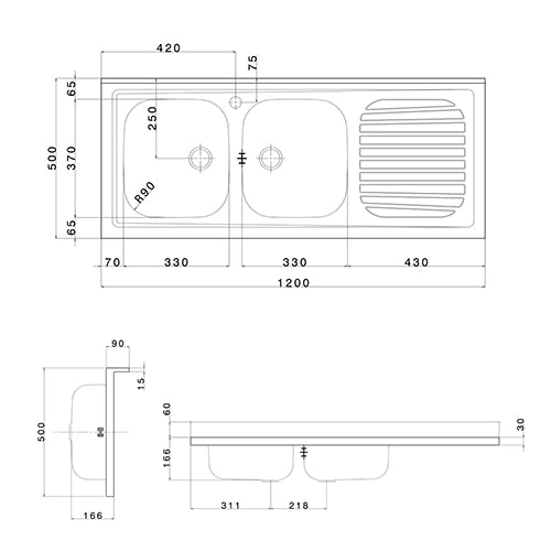 LAVELLO APPOGGIO IN ACCIAIO INOX CON 2 VASCHETTE- cm 120 gocciolatoio sx- APELL- pezzi 1
