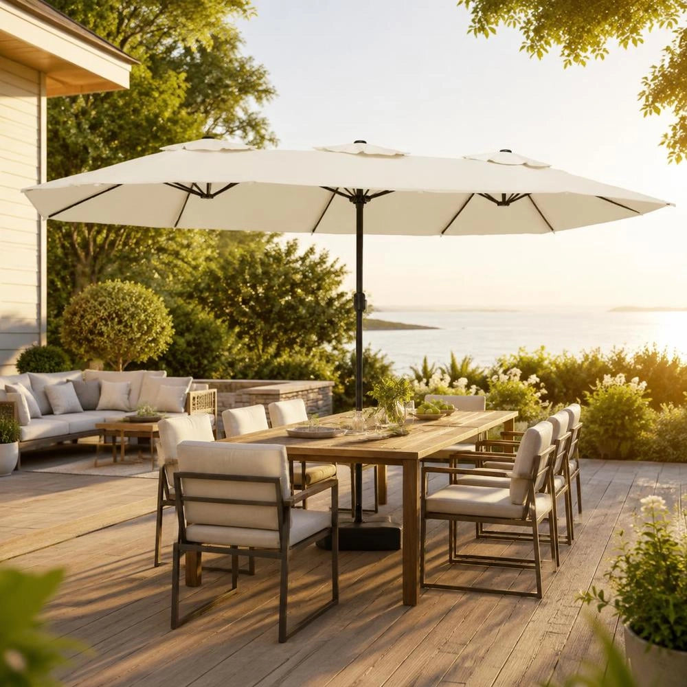 Double Parasol With LED Lights, Sand White, 449x265 Cm