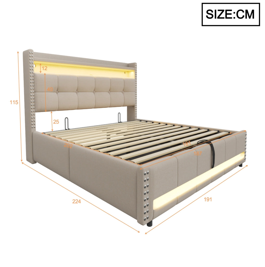 Letto imbottito beige 180 x 200 cm con LED, USB e vano contenitore