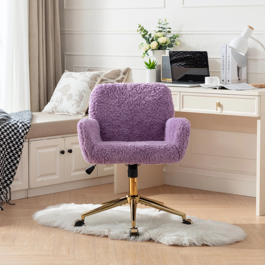 Sedia girevole e reclinabile con braccioli in pelliccia sintetica viola e base in metallo dorato 60 × 28,5 × 50 cm