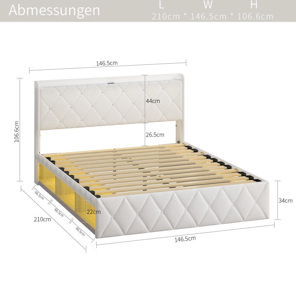 Letto imbottito 140x200 cm con LED; prese USB e ripiano in teddy bianco