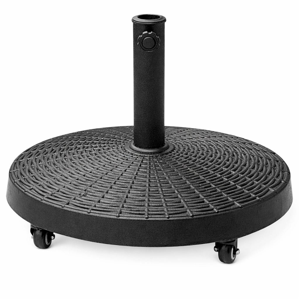 Base Ombrellone Da Giardino 4 Ruote Con Freni In Cemento HDPE E Metallo Diametro Palo Compatibile 38/48 Mm Effetto Rattan Resistente Ideale Per Terrazzo Balcone Ø52 x 34 Cm Nero