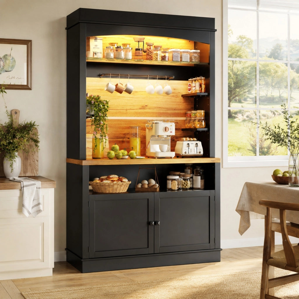 Credenza alta da cucina 107x43x184 cm in MDF nero con LED USB