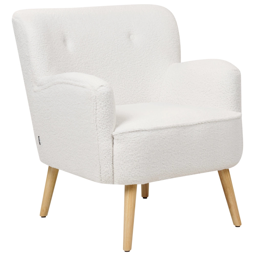 Poltrona Boucle bianco Rivestimento poggiapiedi Gambe in legno Motivo solido Retro Boho Soggiorno