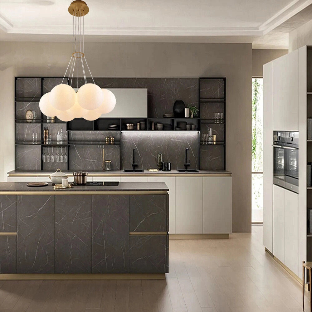 Lampadario a sospensione color bronzo lampada minimal da soffitto con sette sfere bianche opache attacco lampadine G9