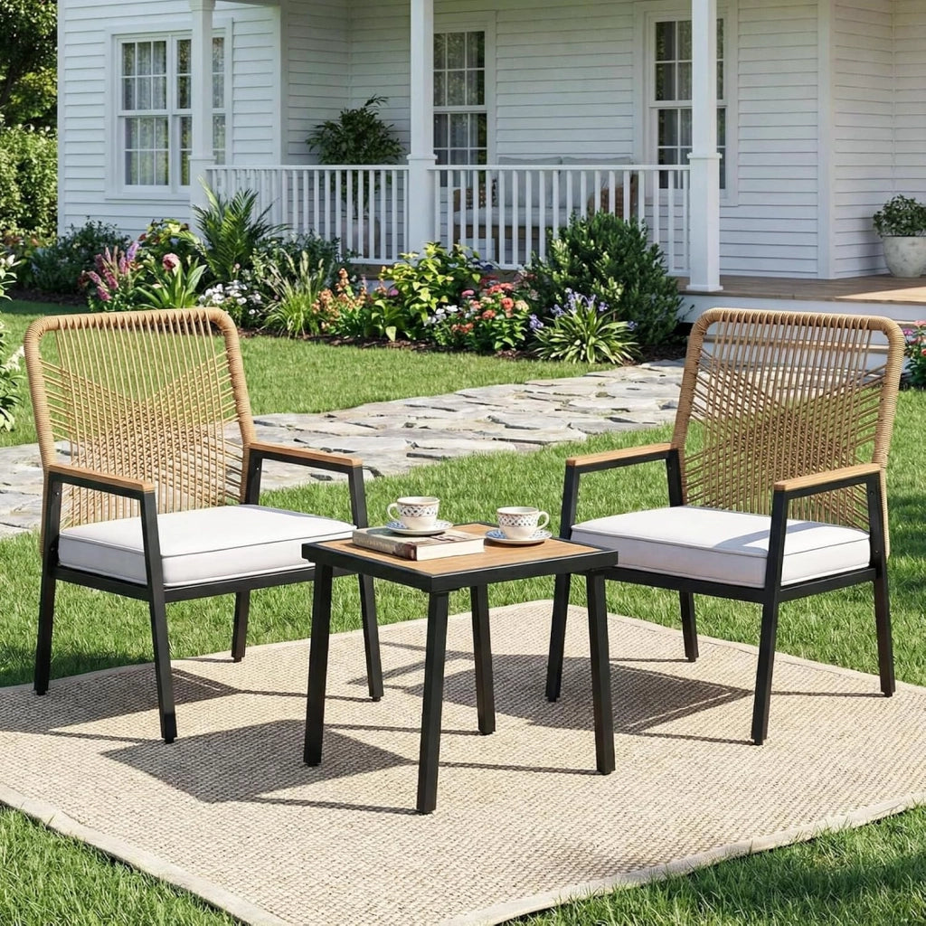 Set di mobili da giardino, Set da 3 sedie da giardino in rattan, 2 sedie da patio con tavolino, fino a 160 kg, resistenti alle intemperie, braccioli in WPC, per patio, giardino, veranda,Beige