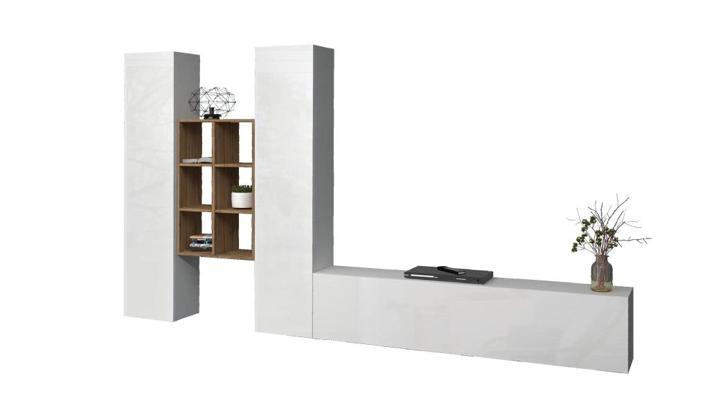 Parete attrezzata TV sospesa bianca libreria in legno 2 armadi Manny WH