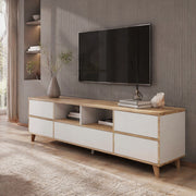 Mobile porta TV moderno 175x37x51 cm bianco e effetto legno con 4 ante