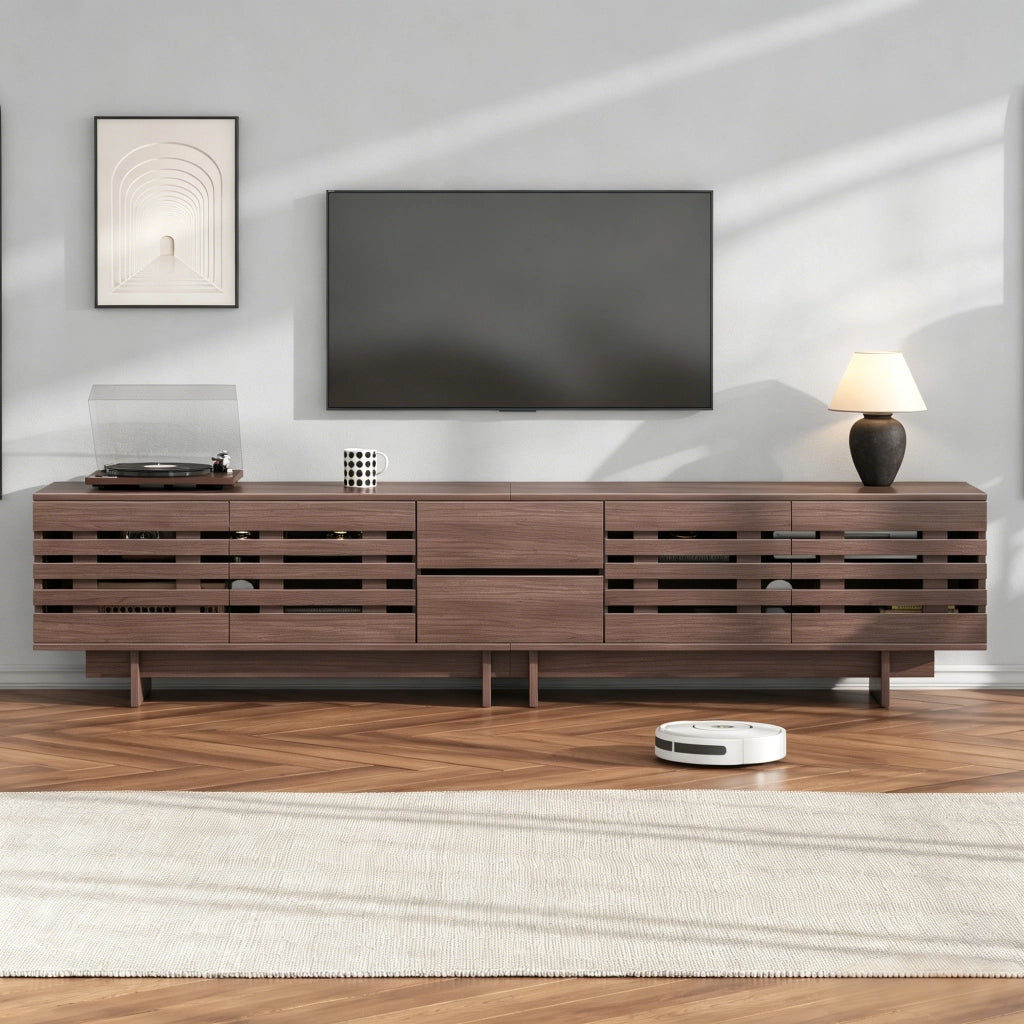 Mobile TV con 2 cassetti; 4 ante e 6 vani; passacavi - per soggiorno - 200×39.5×55 cm - in MDF - noce