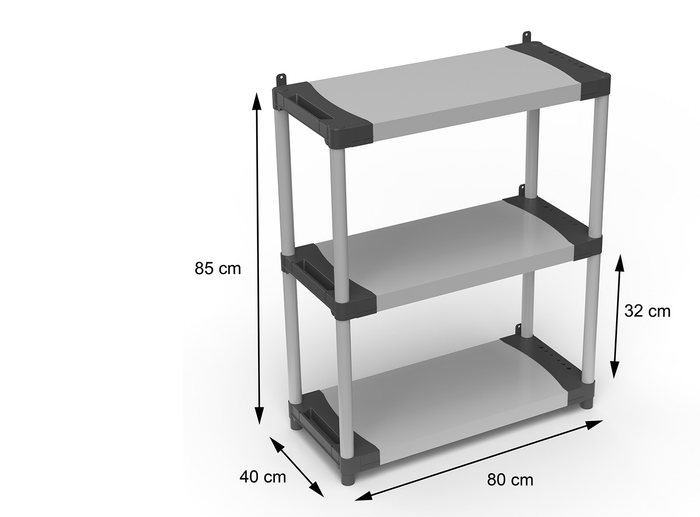 Scaffale 3 Ripiani 80x40x85 cm in Resina PVC Grigio