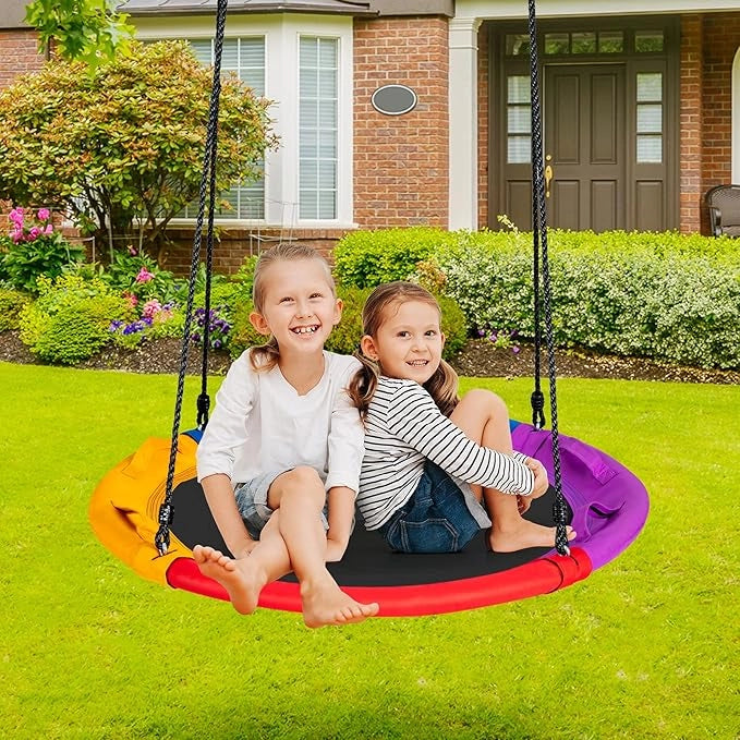 Altalena a Nido per Bambini, Altalena Rotonda con Corde Regolabili in Altezza, Cuscino e Maniglia, Ideale per Cortile e Giardino, Capacità di Carico 150 kg