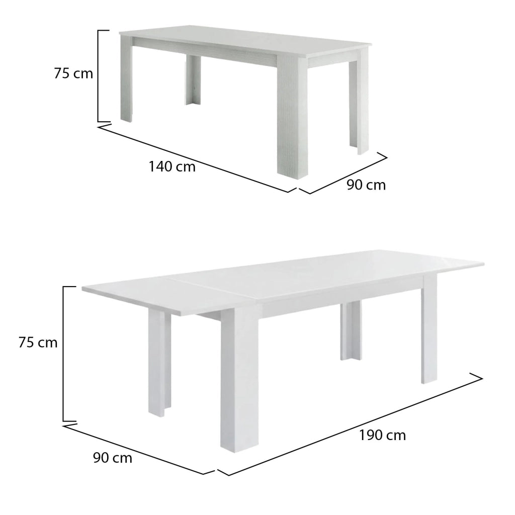 Tavolo per sala da pranzo Arizon, Made in Italy, Tavolo moderno con allunghe, Consolle allungabile, cm 140/190x90h75, Bianco lucido Larice