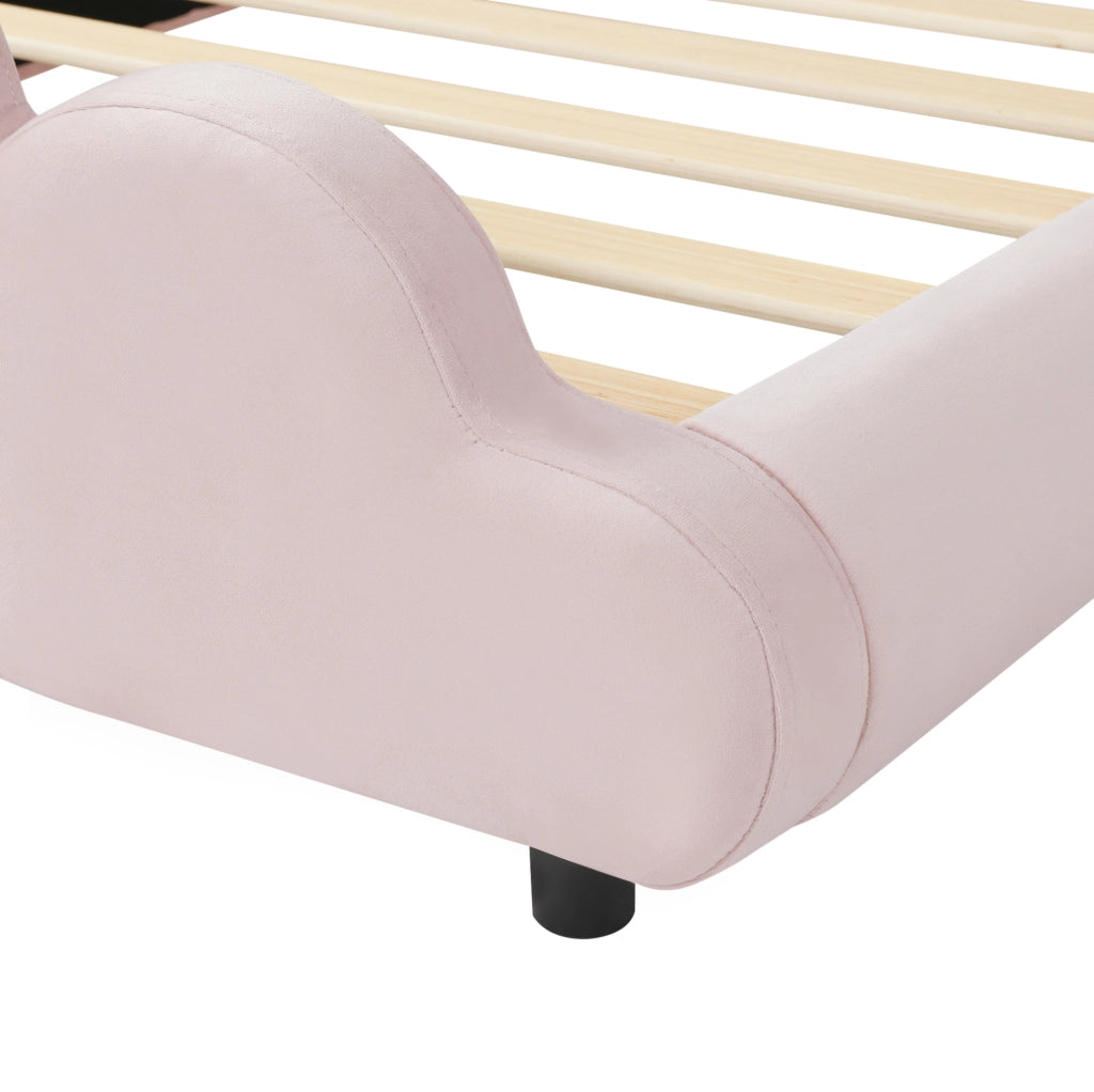 Letto singolo imbottito 90x200 cm in velluto rosa con testiera arrotondata e rete inclusa