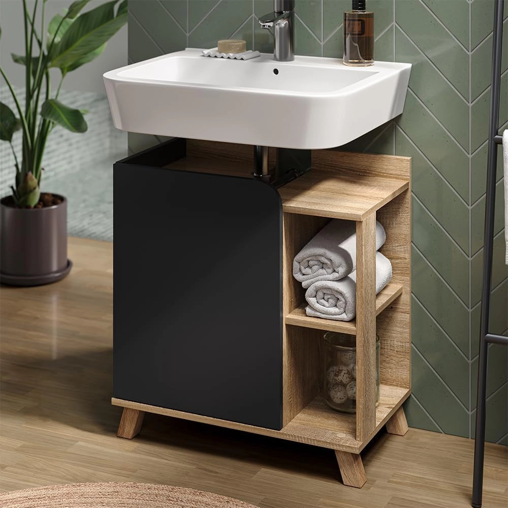 Mobiletto per lavabo Karen, Sonoma/antracite, 60 x 65 cm con porta e vani aperti, con ritaglio per sifone per il montaggio sotto il lavabo