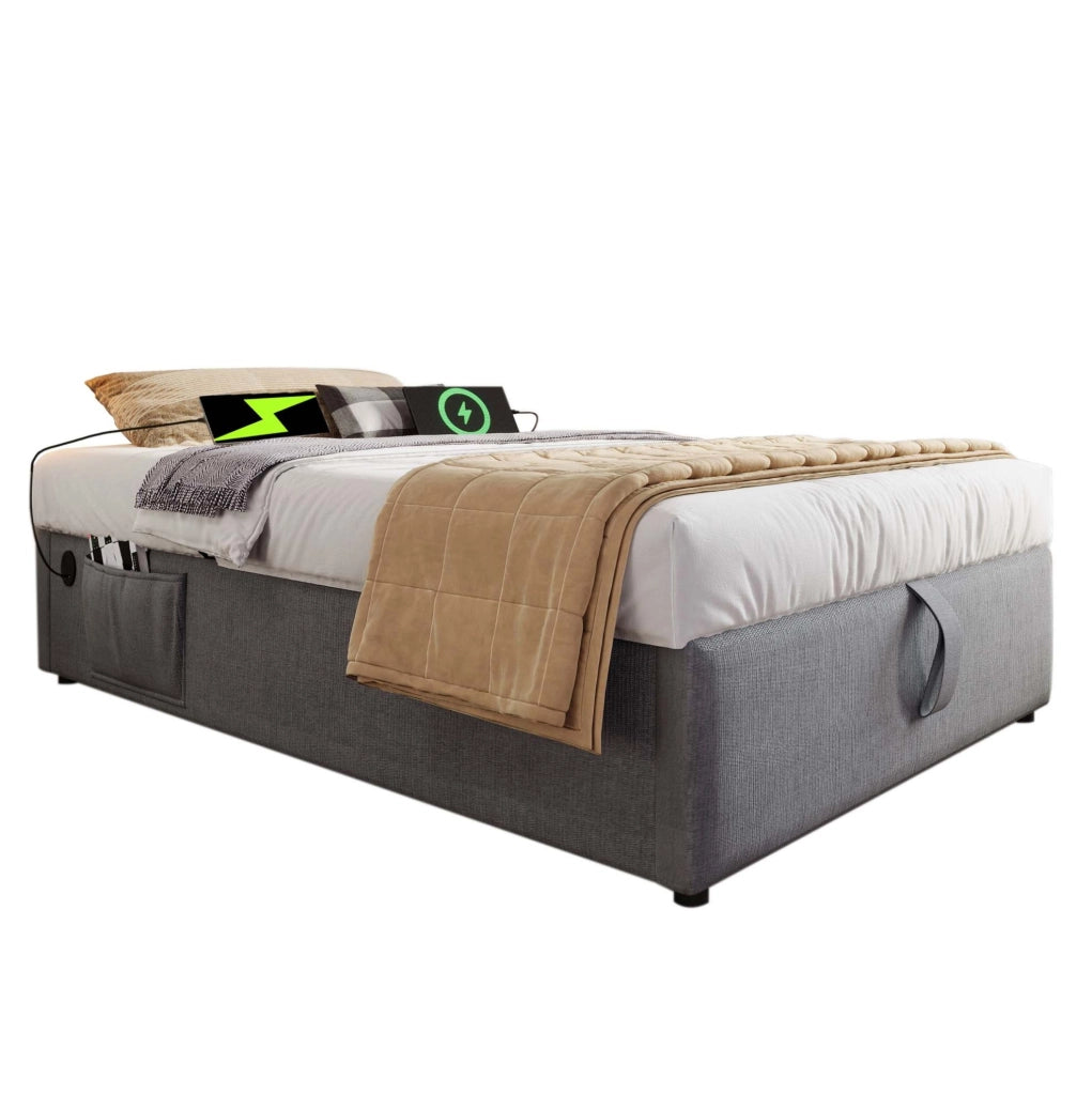 Letto contenitore singolo 90x190 cm in tessuto lino grigio con USB e Type-C