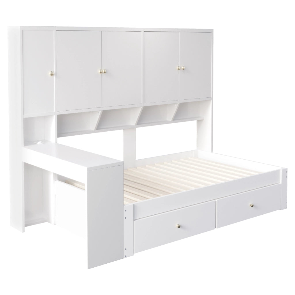 Letto multifunzione 90 x 200 cm con scrivania; cassetti; LED e prese; bianco