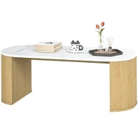 Tavolino ovale, tavolino d'appoggio effetto marmo, angoli arrotondati piedi spessi, 110 x 50 x 40 cm, bianco