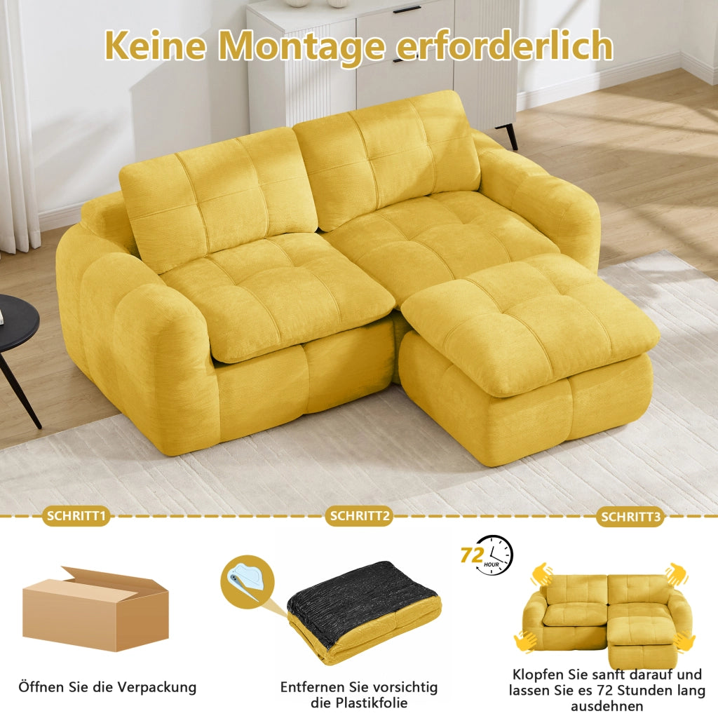 Divano modulare a L 2 posti senza struttura con seduta ergonomica e pouf per salotto e appartamenti in chenille gialla