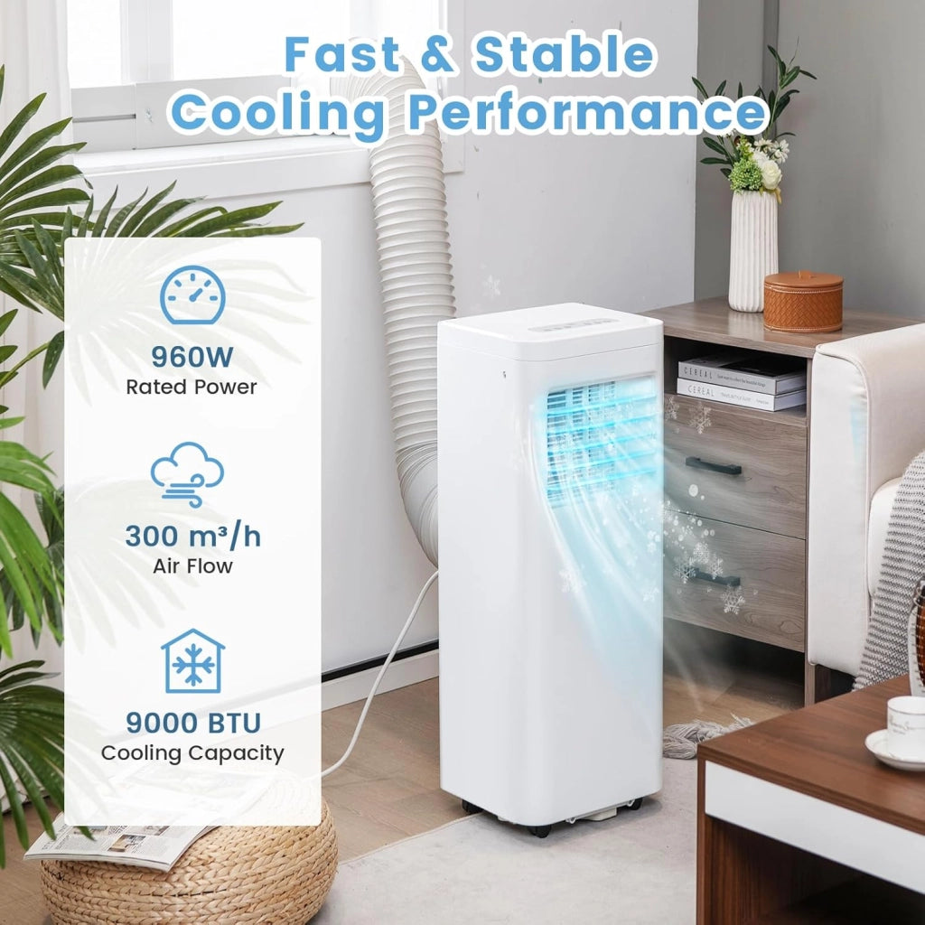 Condizionatore Portatile 9000 BTU, 960W, 4 Modalità - Ventilazione & Deumidificazione & Raffreddamento & Sonno, Controllo con Display a LED e Telecomando, Timer 24 Ore