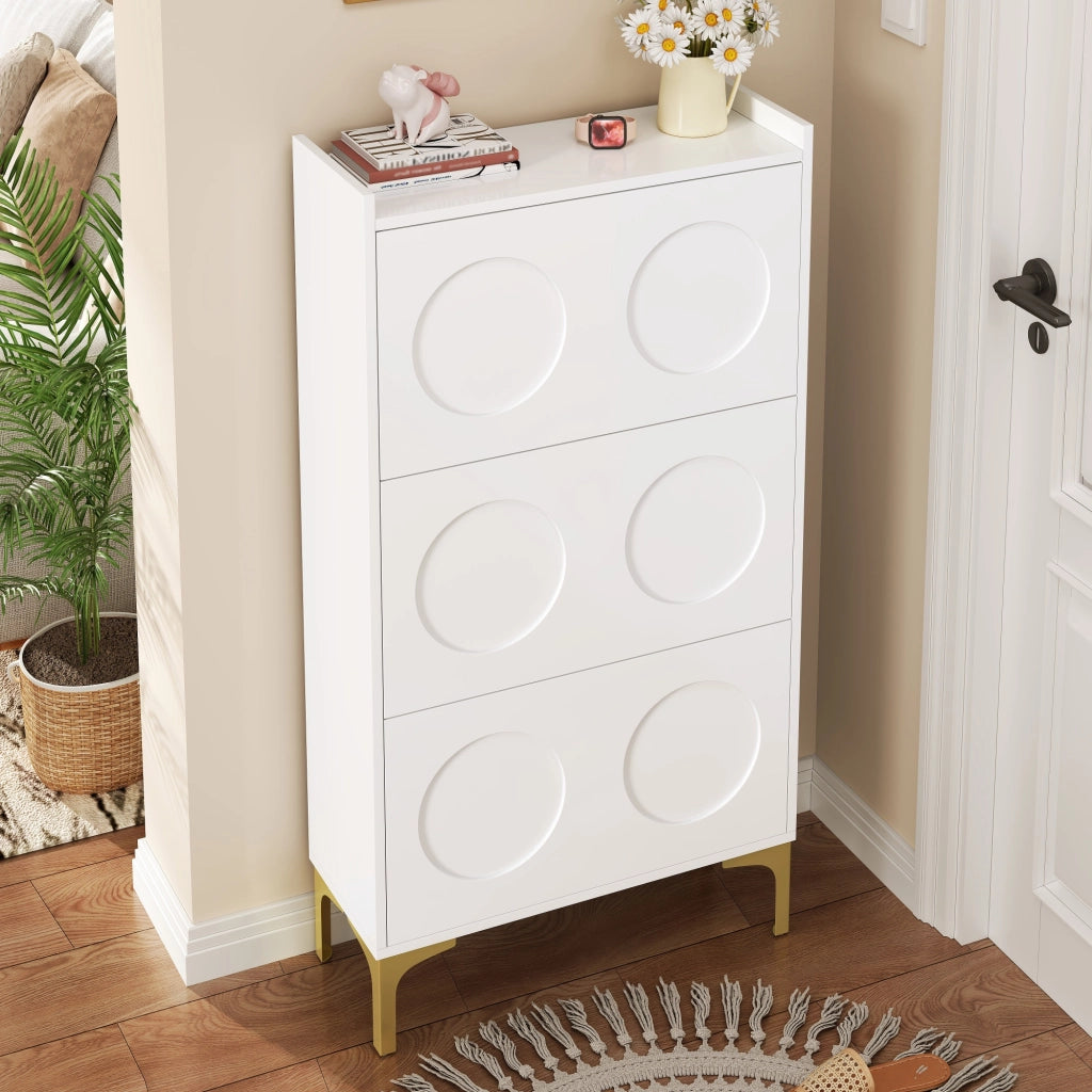 Scarpiera con 3 Scomparti e 6 Elementi in Rilievo; Piedini in Metallo Dorato; Stile Moderno; in MDF; Bianco; 63×24×120 cm