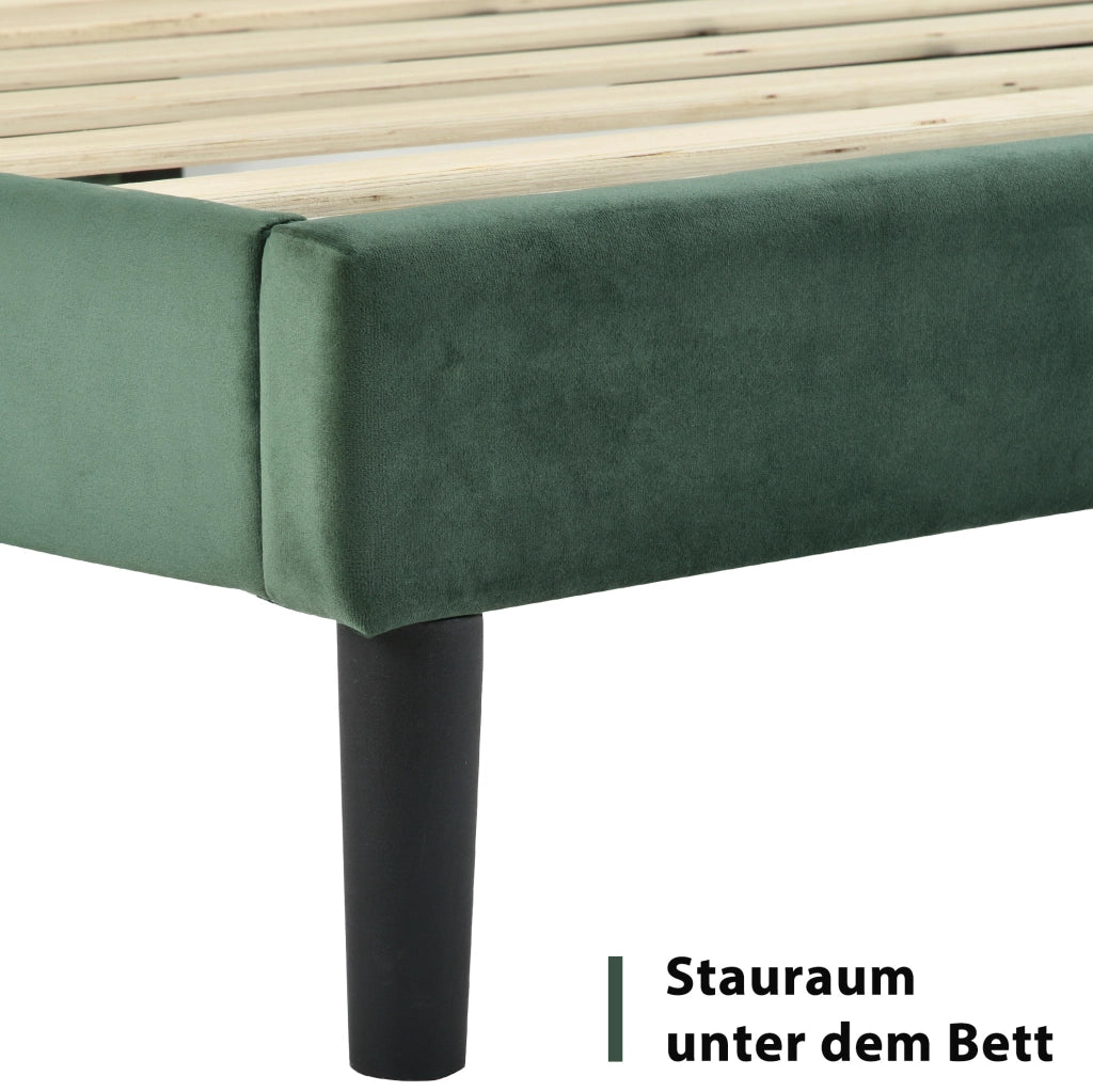 Letto imbottito matrimoniale 140x200 cm in velluto verde scuro con testiera e rete a doghe