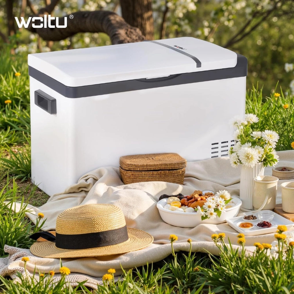 Mini Frigo Portatile 30L, 12V/220V Frigorifero Piccolo Elettrico a Compressore con Congelatore, per Auto Casa Campeggio Ufficio, Bianco+Nero