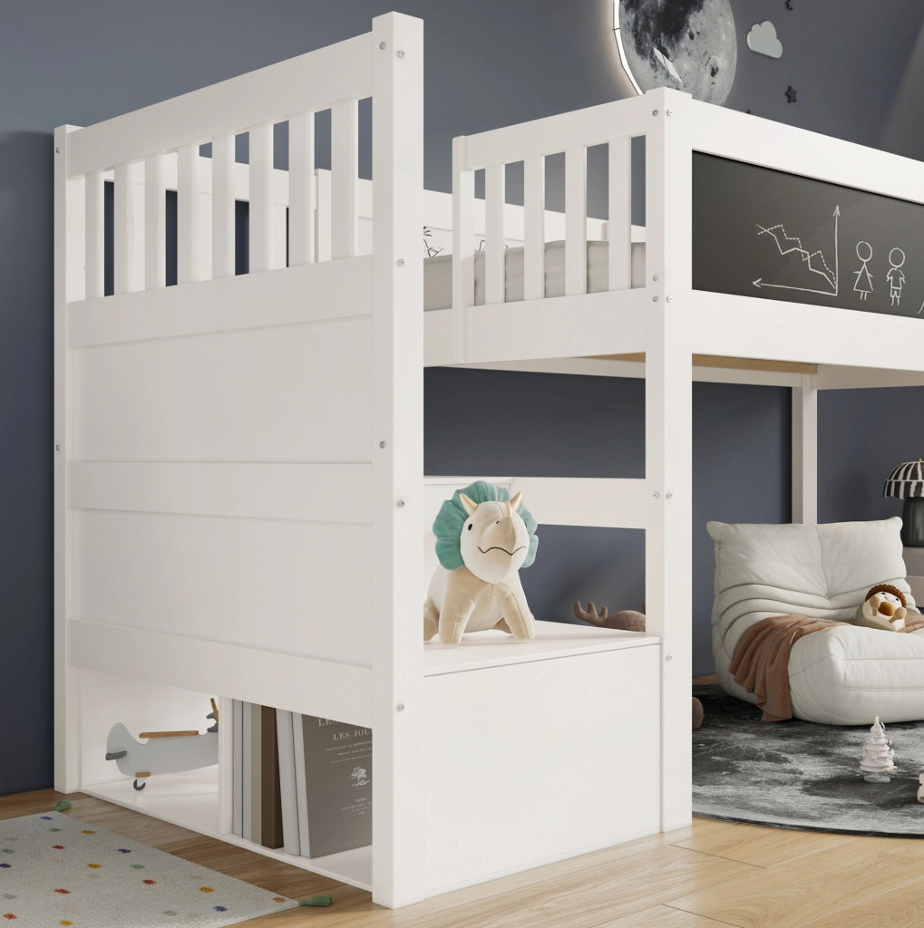 Letto a soppalco per bambini 90 x 200 cm bianco con scala contenitore e lavagna