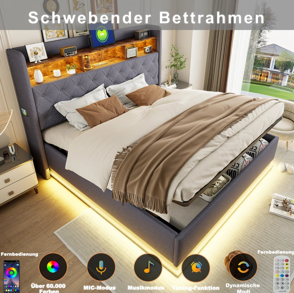 Letto imbottito LED 160x200 cm con USB e vano contenitore