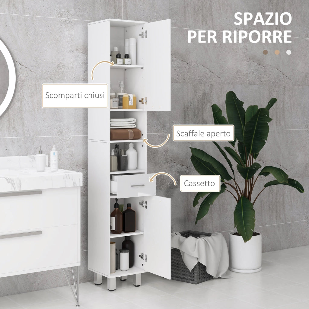 Mobile a Colonna Bagno 30x30x180 cm con Armadietti e Ripiani a Giorno Rivestimento in Melamina Bianco Lucido