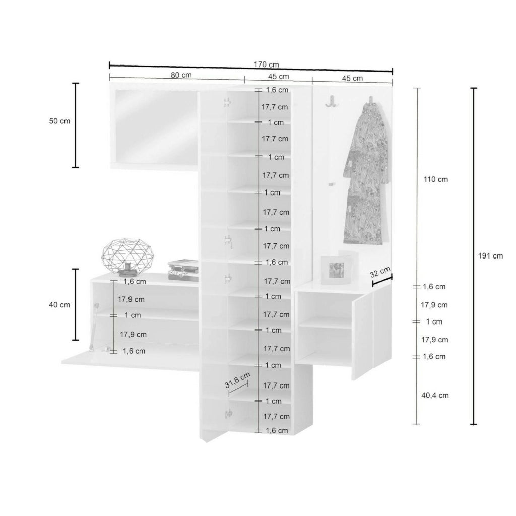 Mobile da ingresso Barengo, Armadietto multifunzione a 3 ante, Appendiabiti da parete con specchio, 170x35h190 cm, Bianco